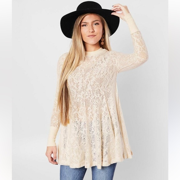 Free People Cream Lace Boho Long Sleeve Cowgirl Western Tunic Size Small - Picture 1 of 8